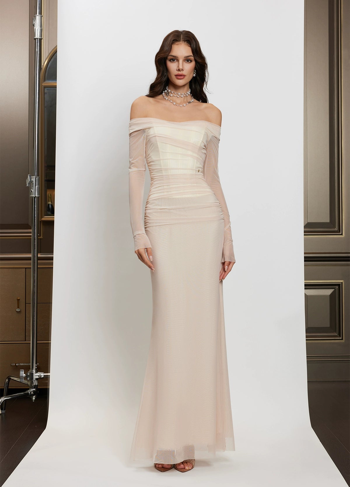 Off-Shoulder Mesh Corset Gown Final Sale: Sheer Luck