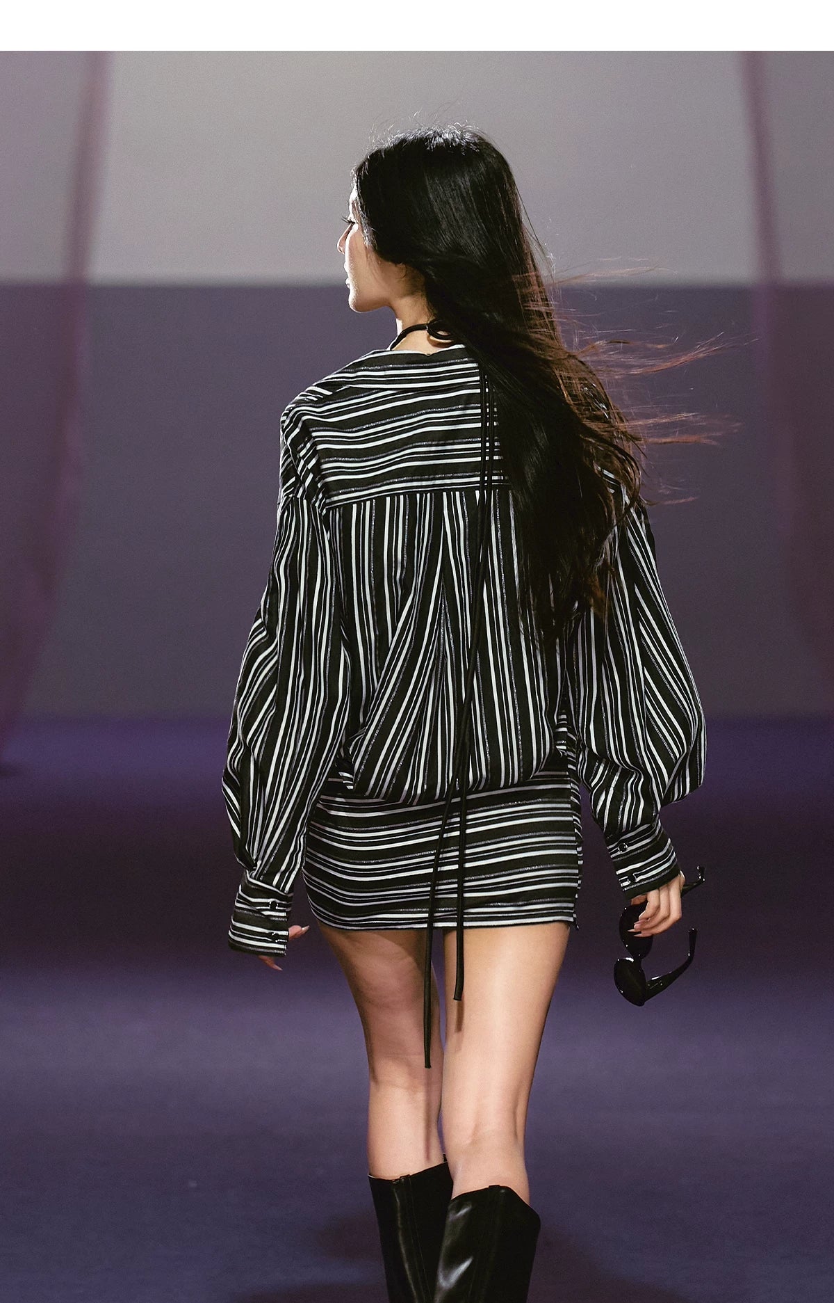 Striped Relaxed Shirt Dress with Satin Flower Brooch