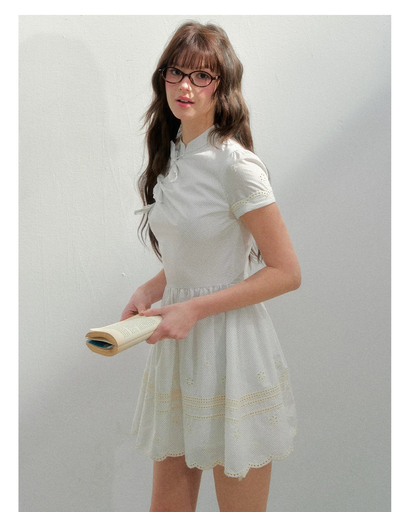 Polka Dot Embroidered Bow Cheongsam Dress