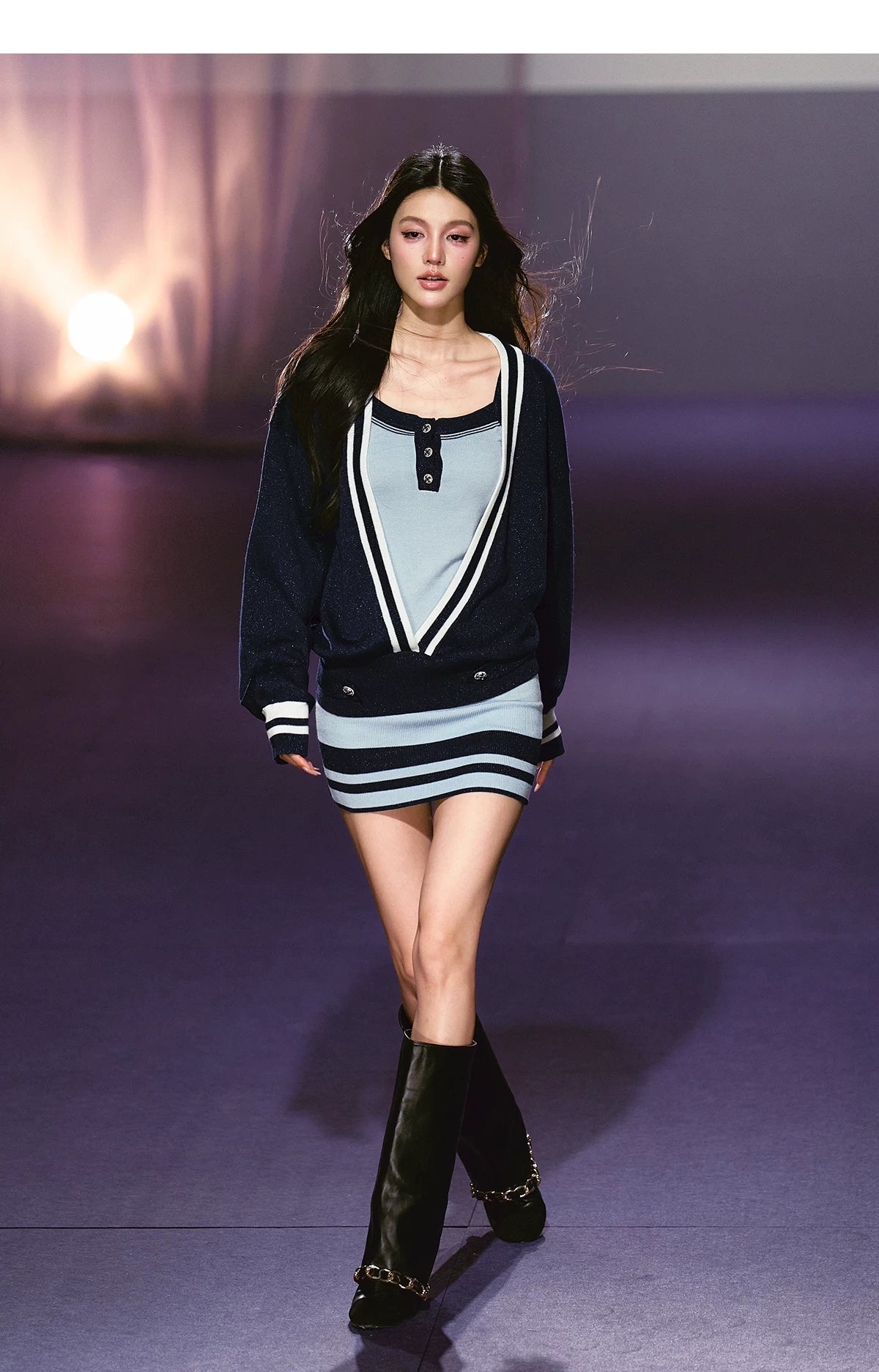 Striped Deep V Knit Dress & Cardigan Set