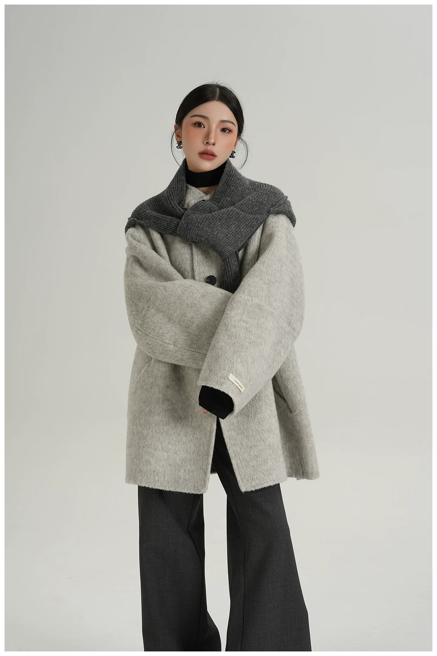 Knitted Hooded Scarf Mid-Length Wool Coat