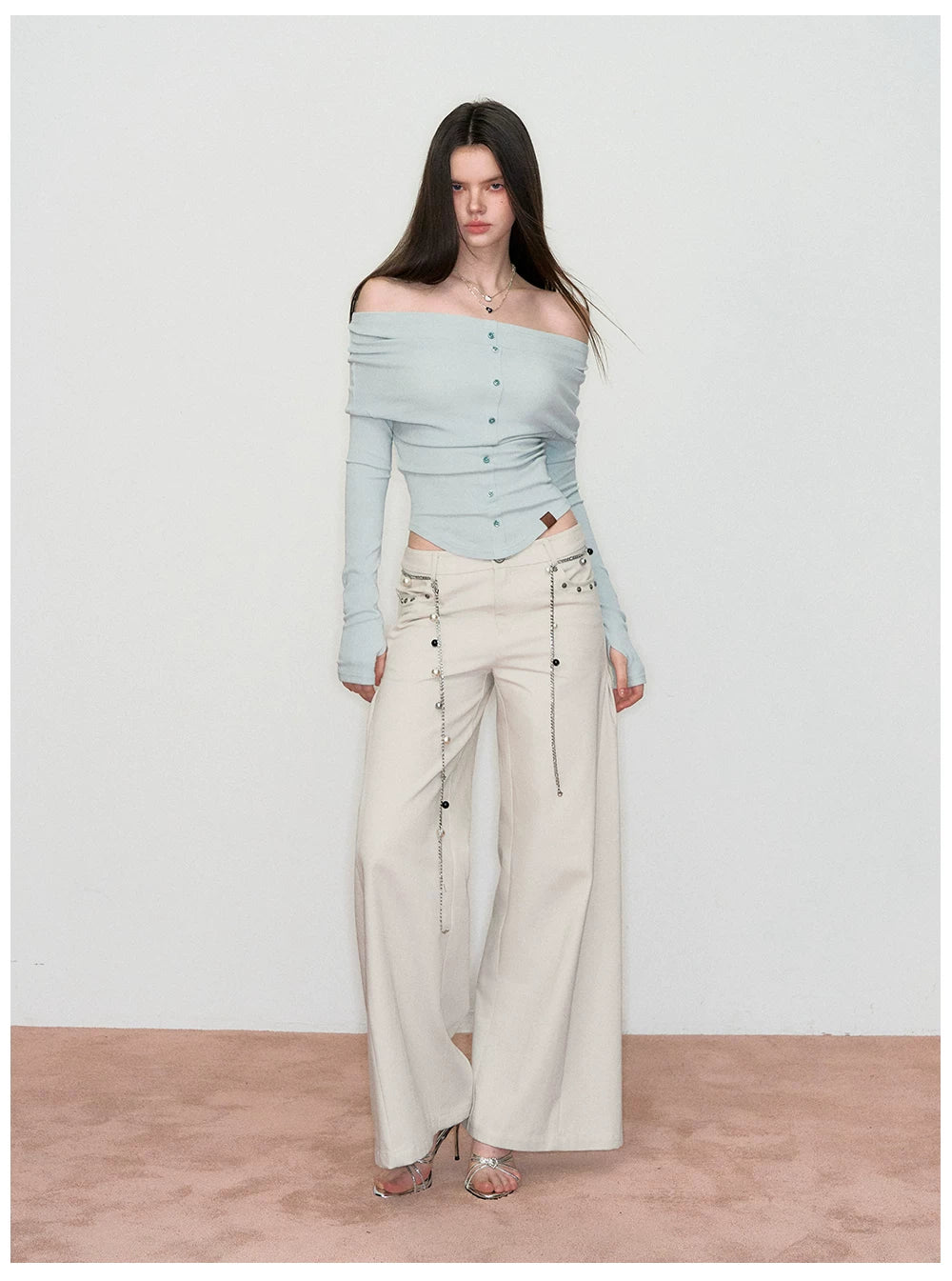Crystal-Embellished Off-Shoulder Top & Flared Denim Jeans Set