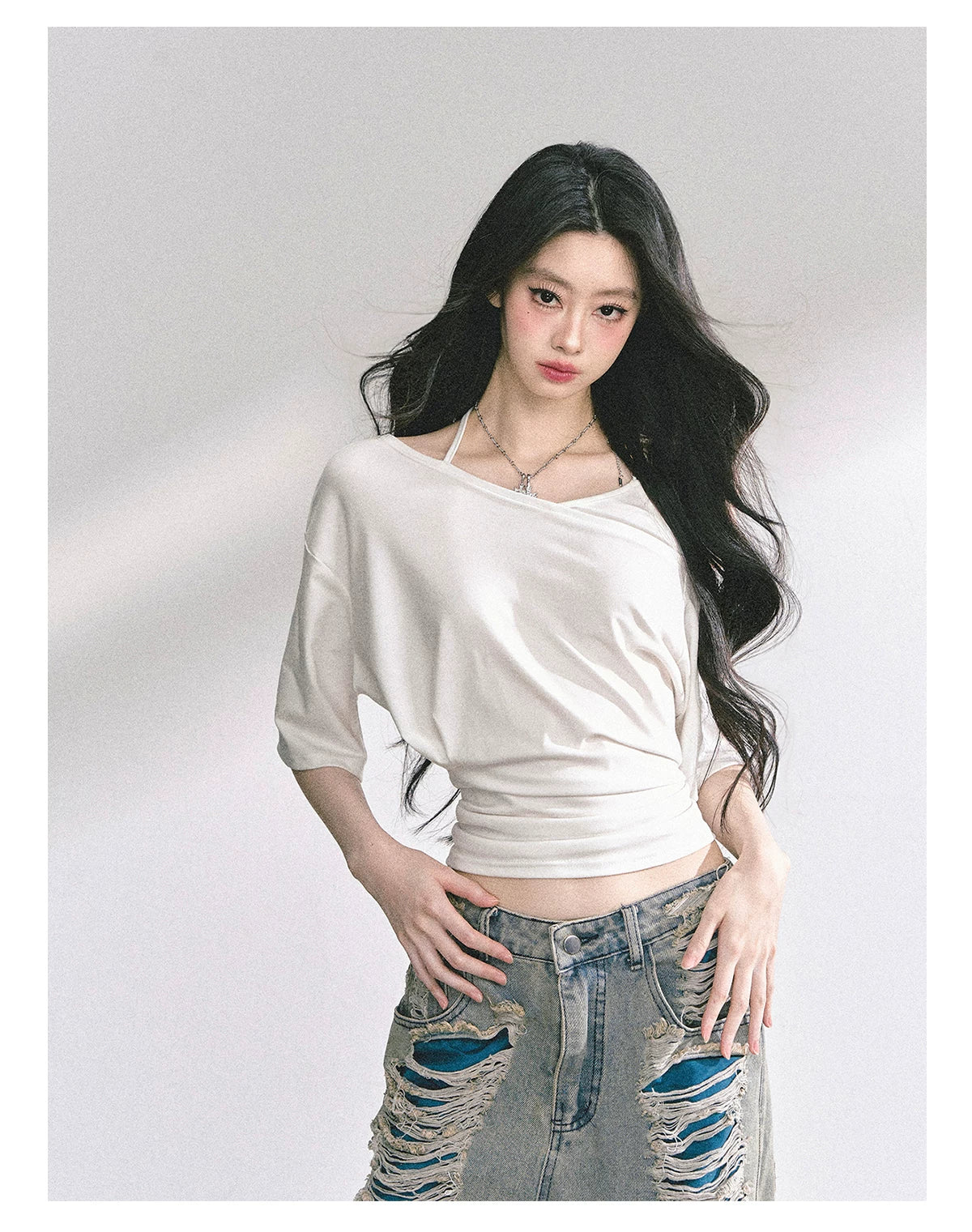 Asymmetric Short-Sleeve Halter Crop T-Shirt