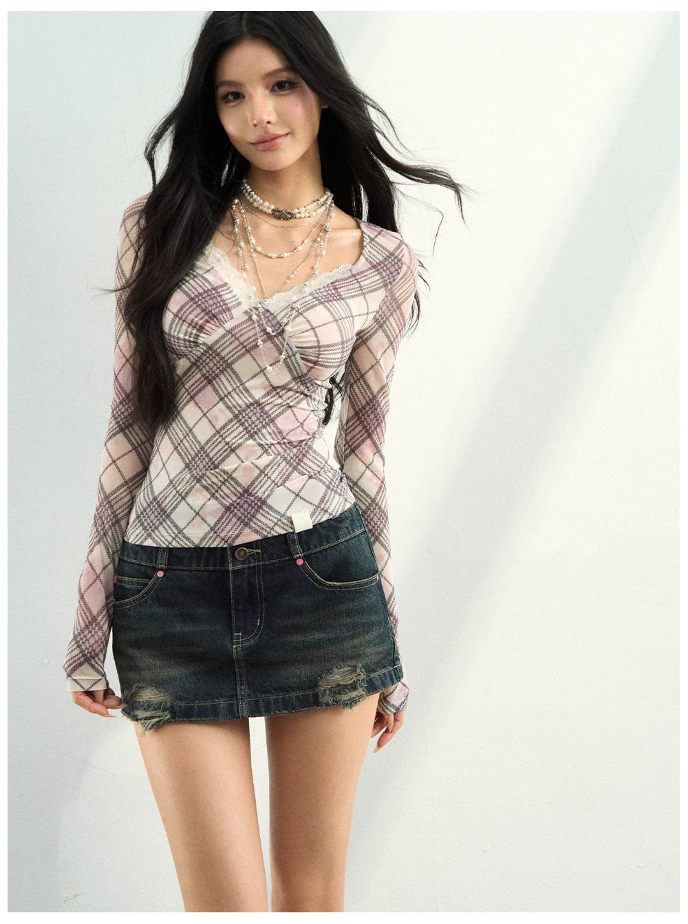 Plaid Lace Trim Mesh Long Sleeve Top
