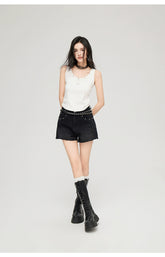 Black & Blue Frayed Denim Shorts - CHINASQUAD