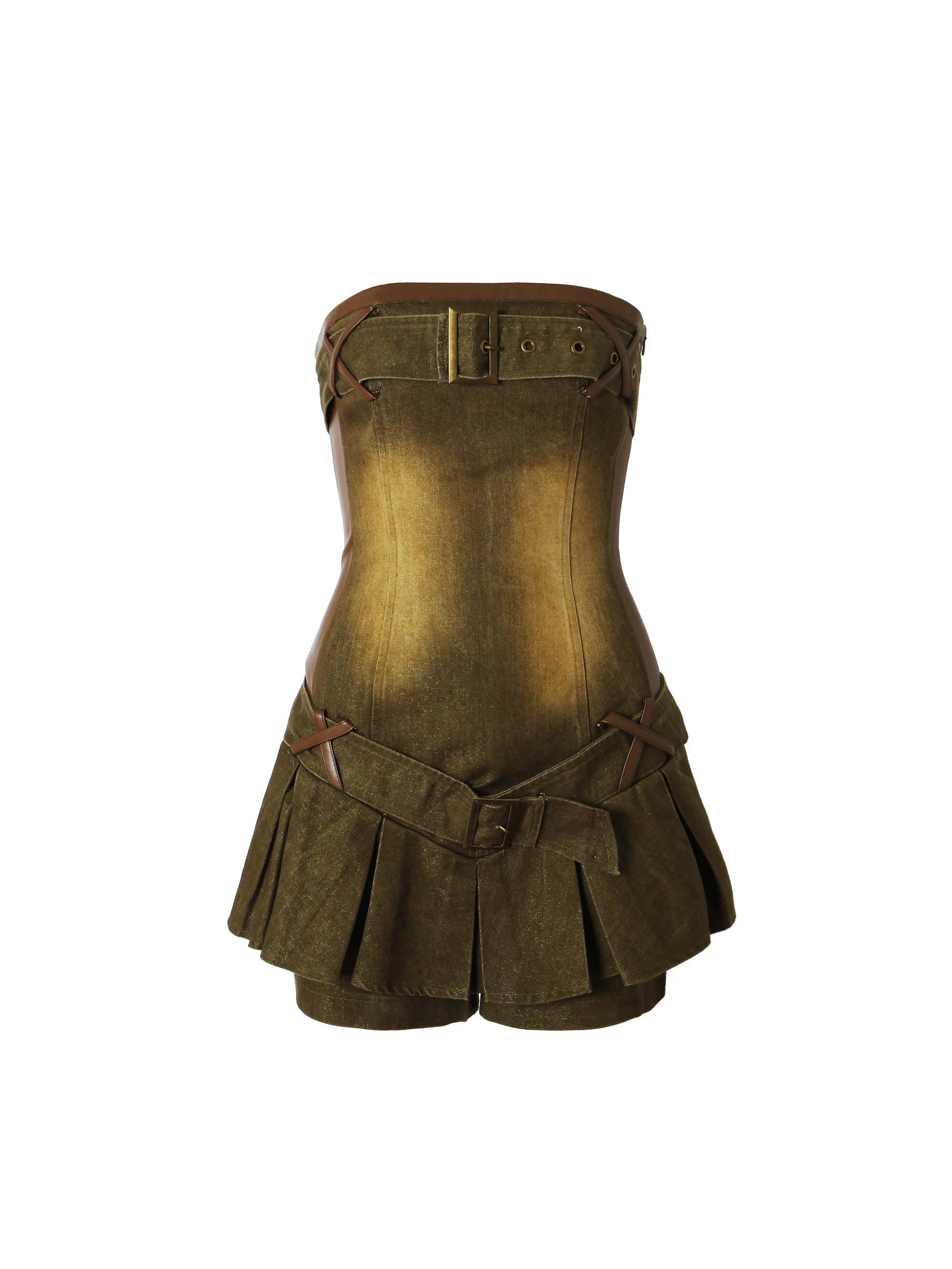 Washed Denim & Faux Leather Pleated Skirt