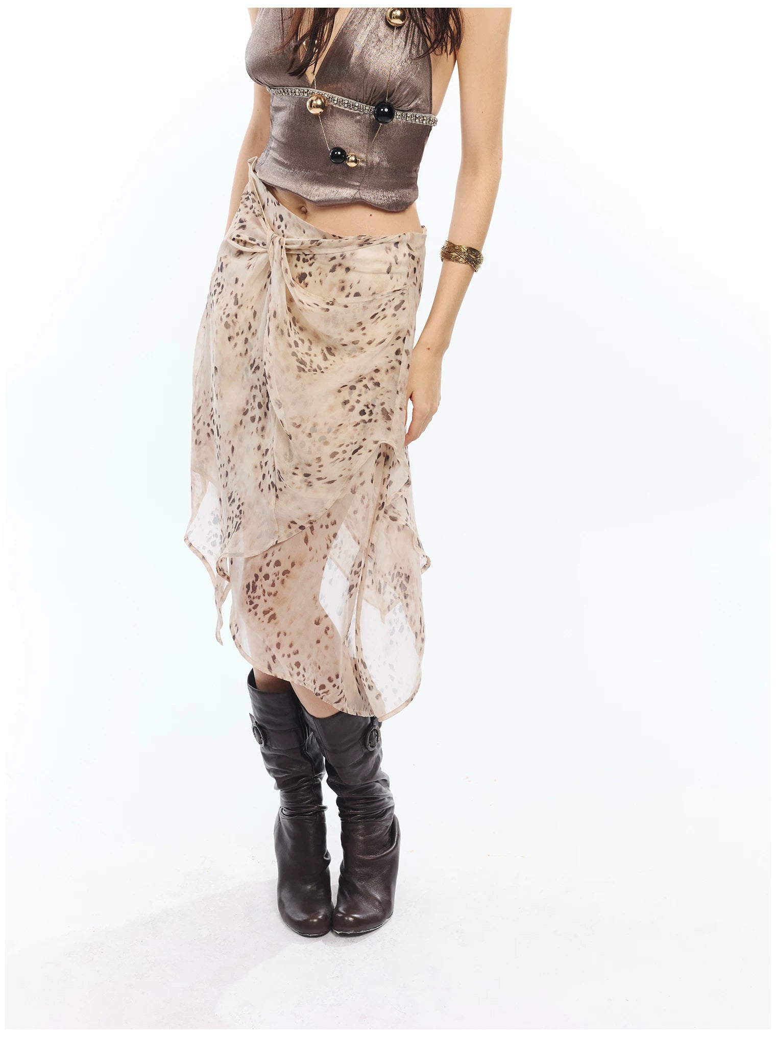 Vintage Asymmetric Leopard Print Knotted Midi Skirt