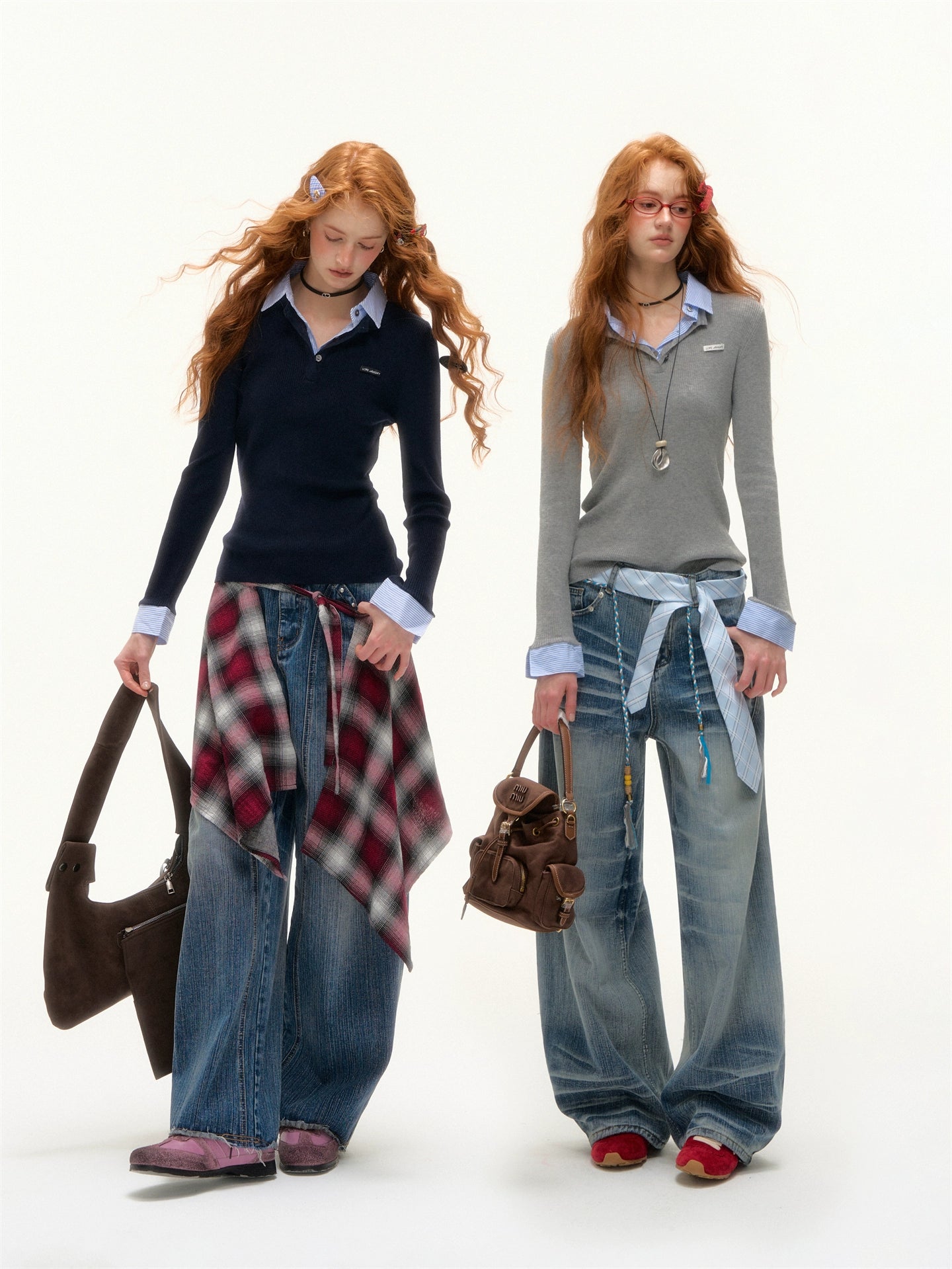 Striped Contrast Collar Layered Knit Top - CHINASQUAD