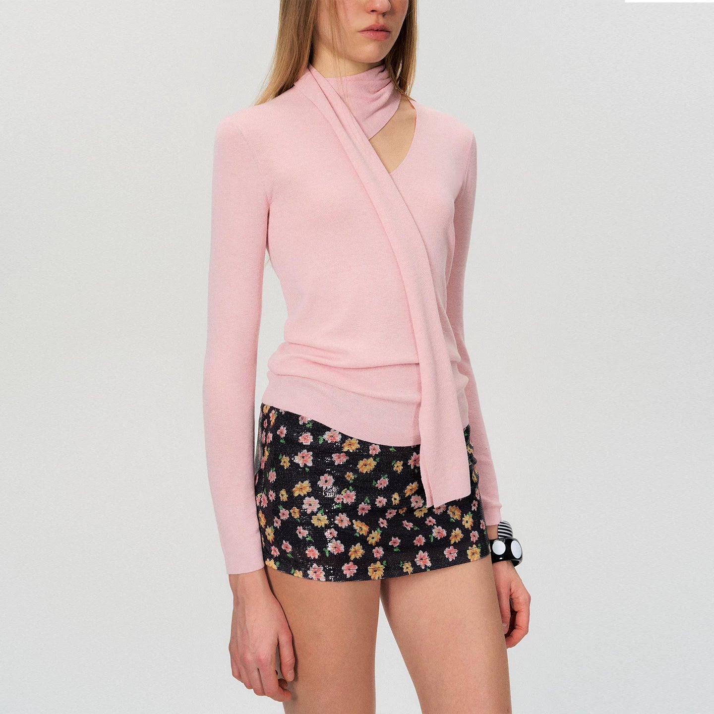 Fine Wool Blend Scarf-Neck Slim Fit Knit Top