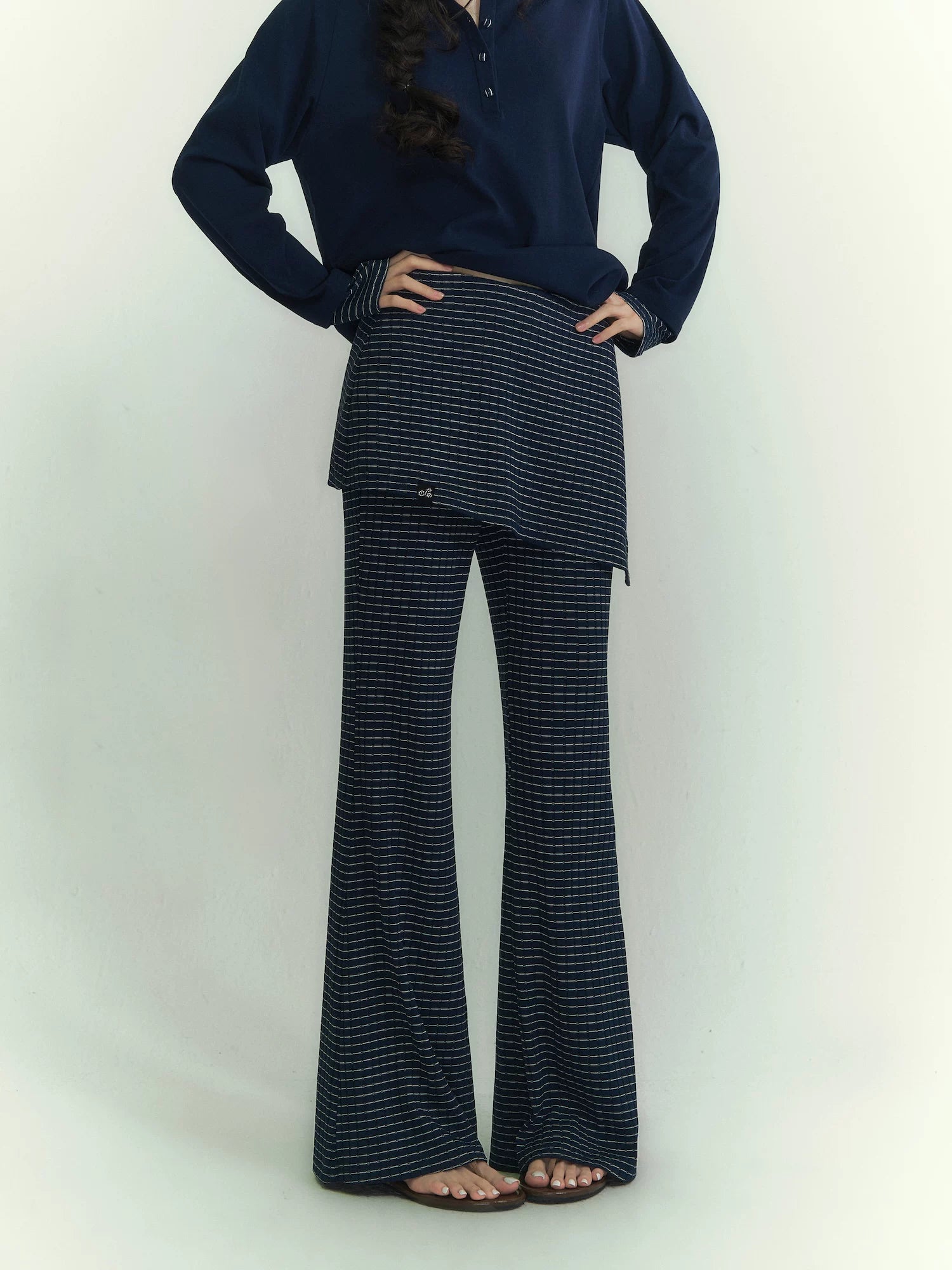 Patchwork Striped Henley Long Sleeve T-Shirt & Layered Knit Flared Skirt Pants Set