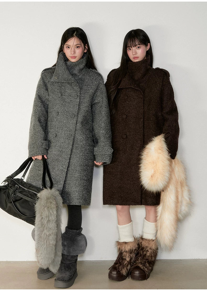 Stand-Collar Bouclé Wool Long Coat