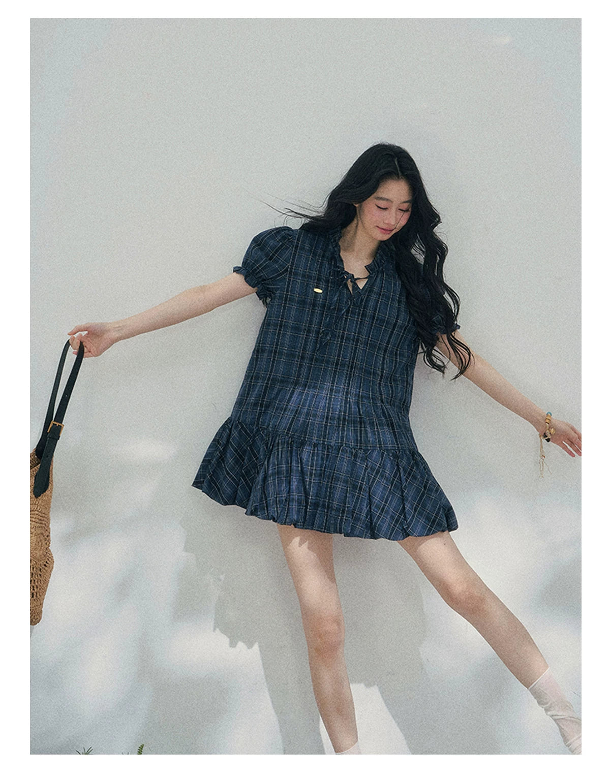 French Plaid Puff Sleeve Mini Dress