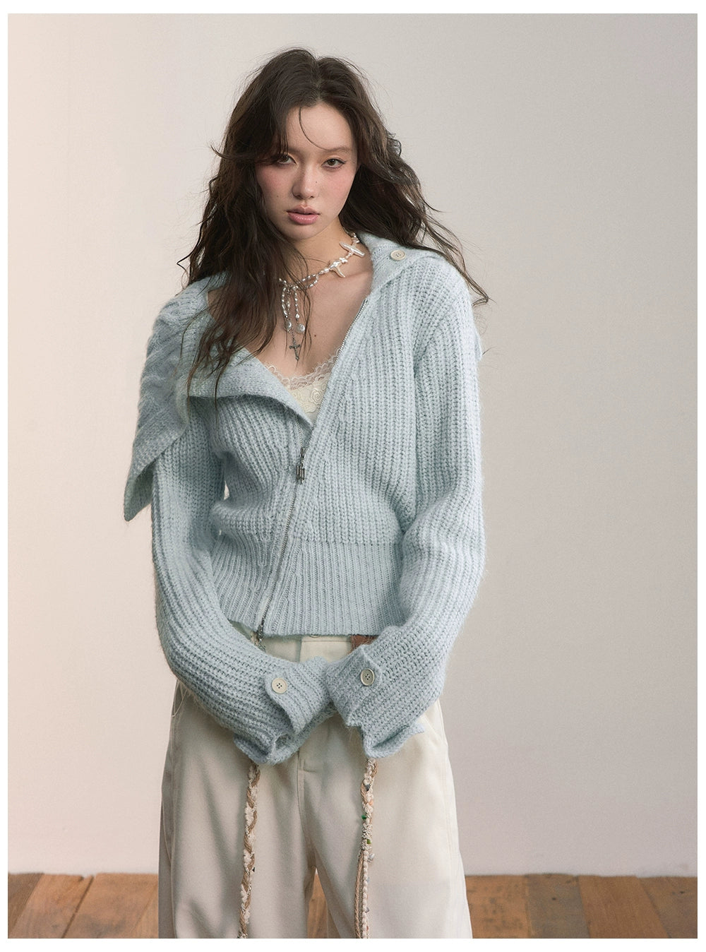 Oversized Lapel Asymmetrical Zip Knit Cardigan - CHINASQUAD