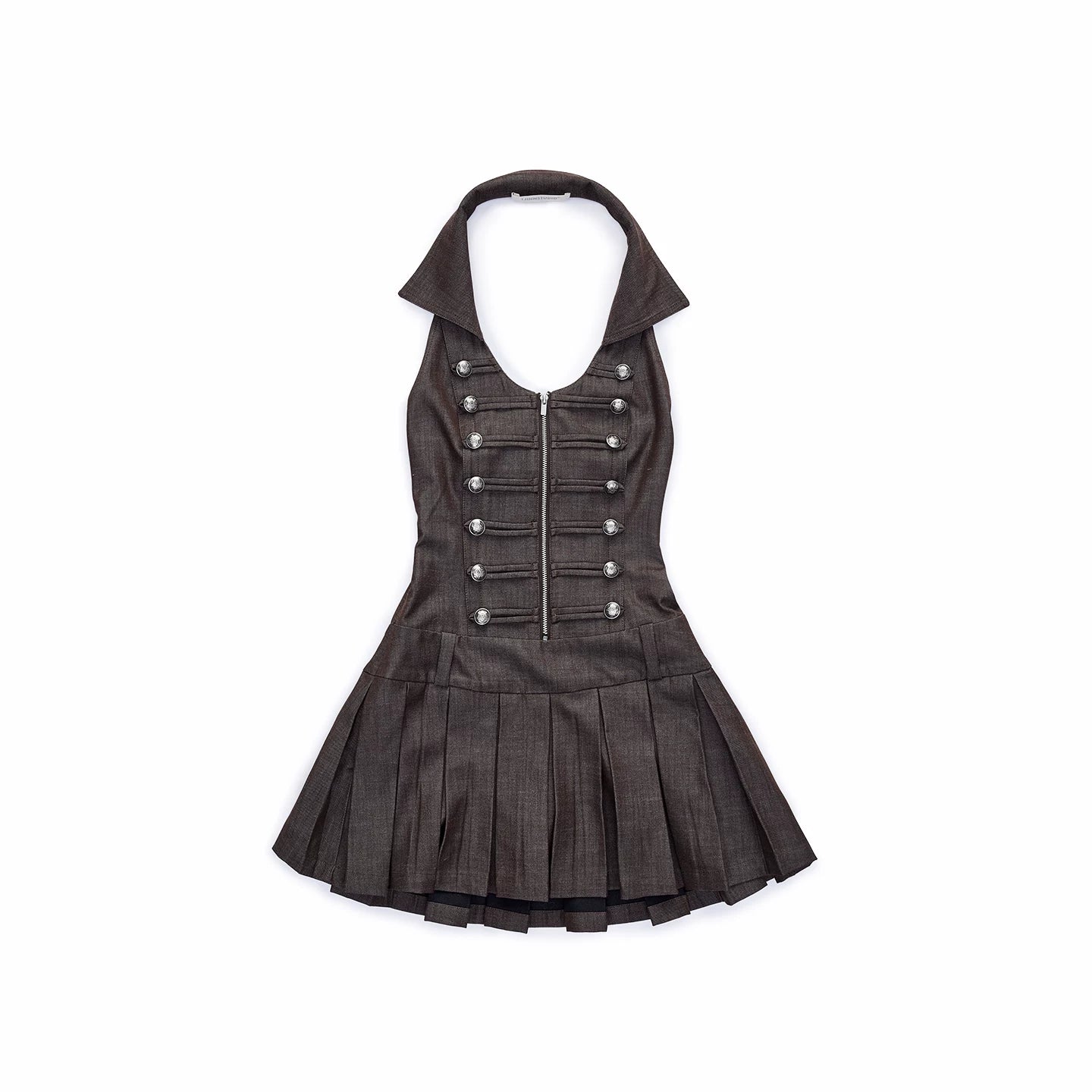 Court-Style Double-Breasted Open-Back Pleated Dress