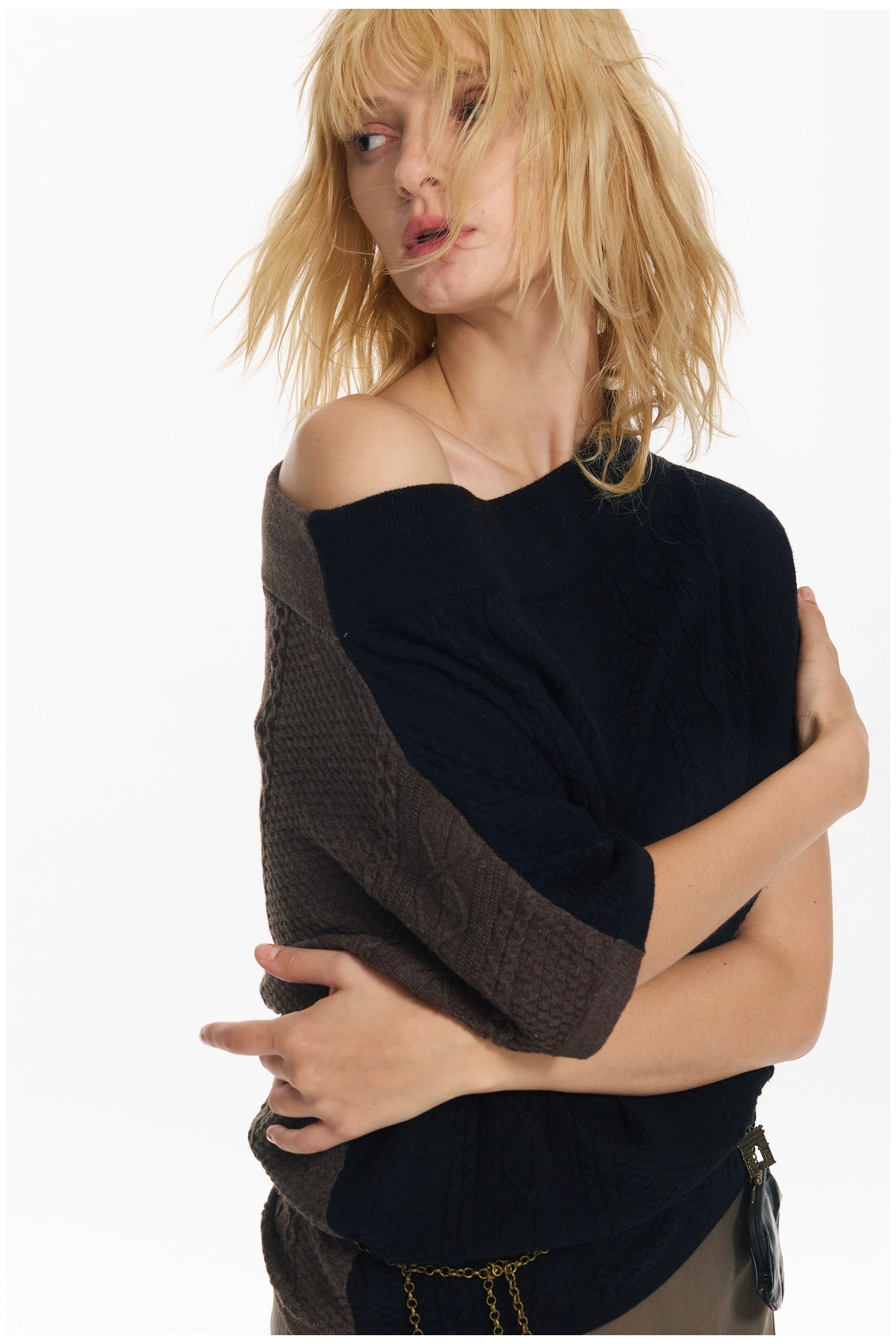 Diagonal Bat-Sleeve Knit Crewneck