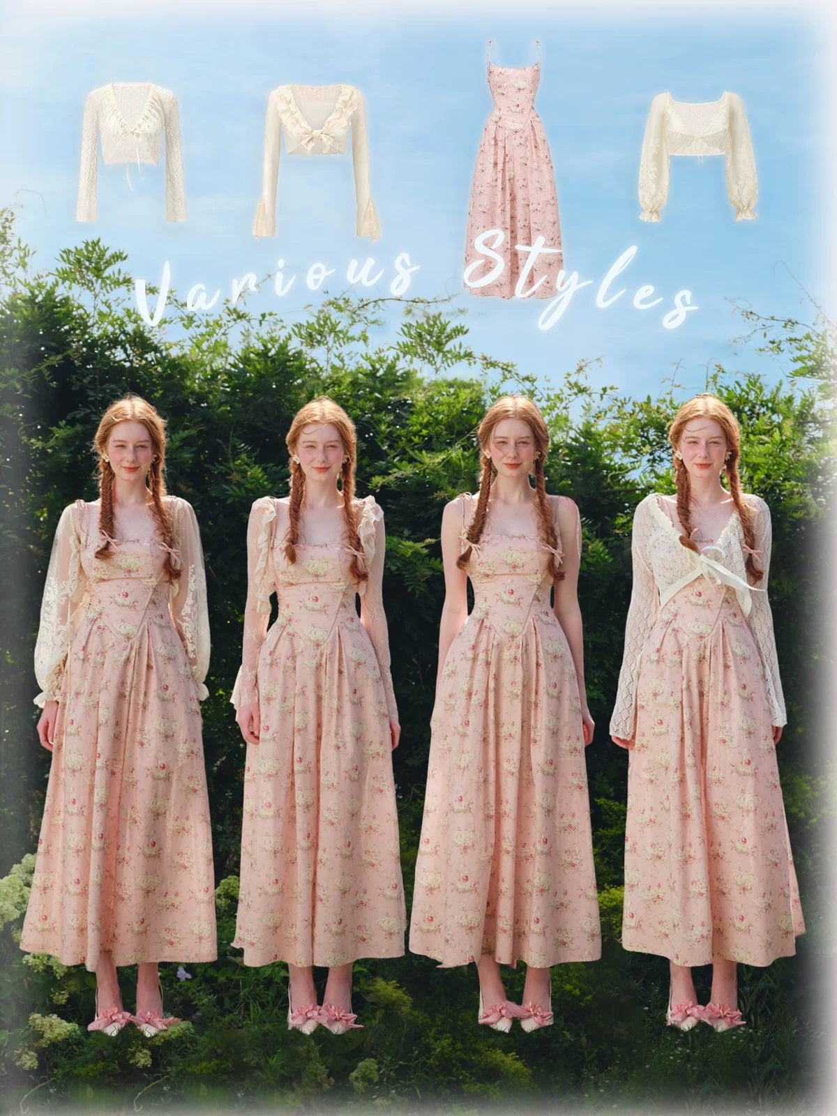 French Sweet Floral Corset Slip Pink Dress