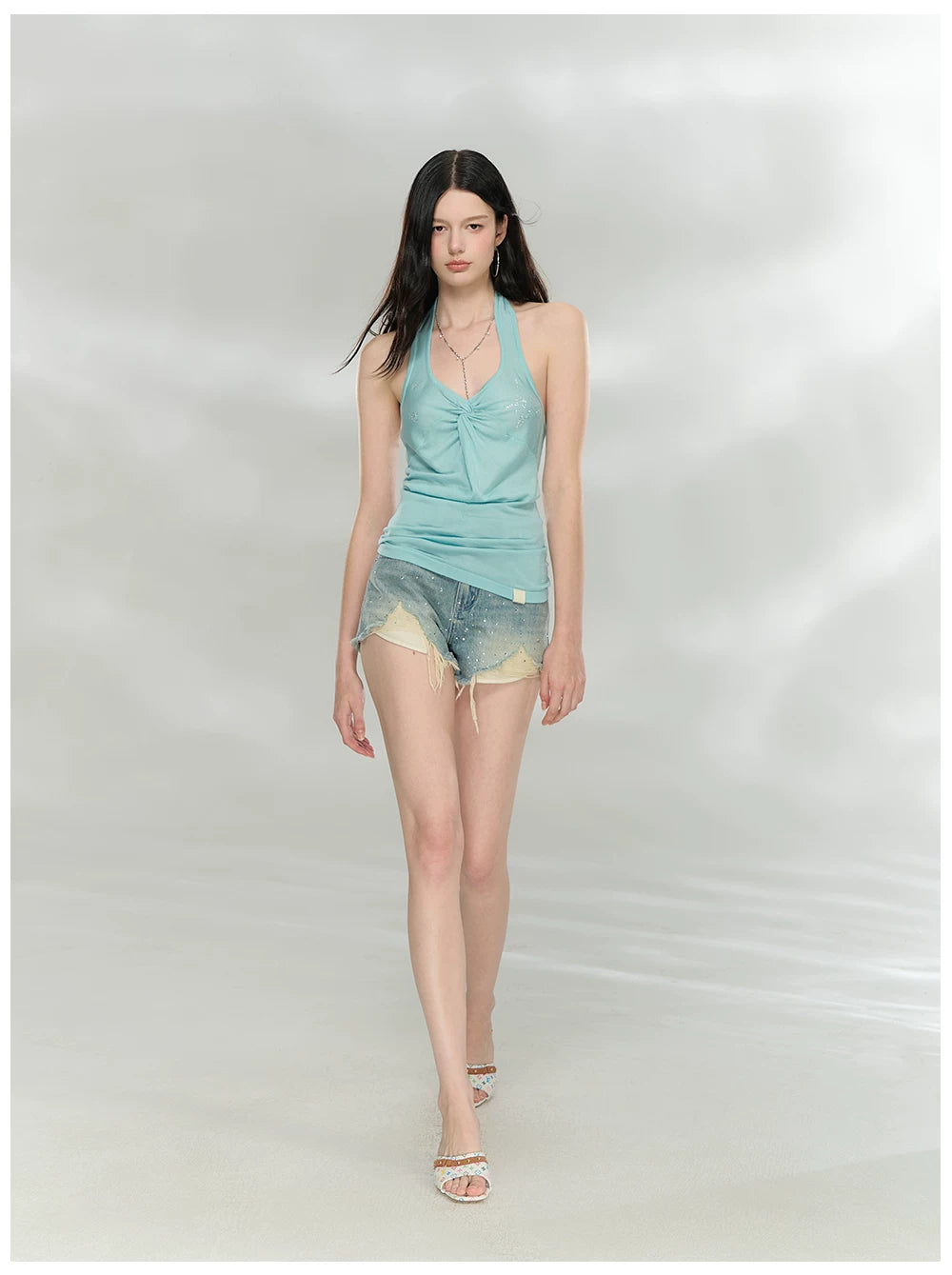 Rhinestone Knot Halter Knit Vest