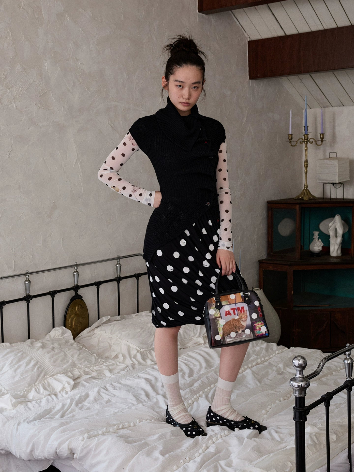 Polka Dot Pet Print Mock Neck T-Shirt