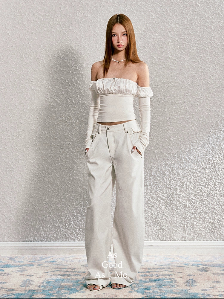 White Lace-trimmed Slant-wash Loose-fitting Jeans - CHINASQUAD
