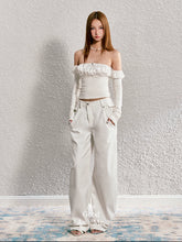 White Lace-trimmed Slant-wash Loose-fitting Jeans - CHINASQUAD
