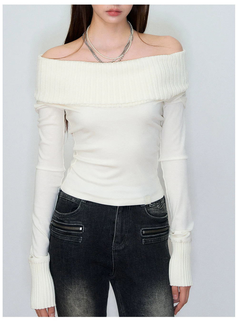 Draped Cowl-Neck Patchwork Knit Sweater