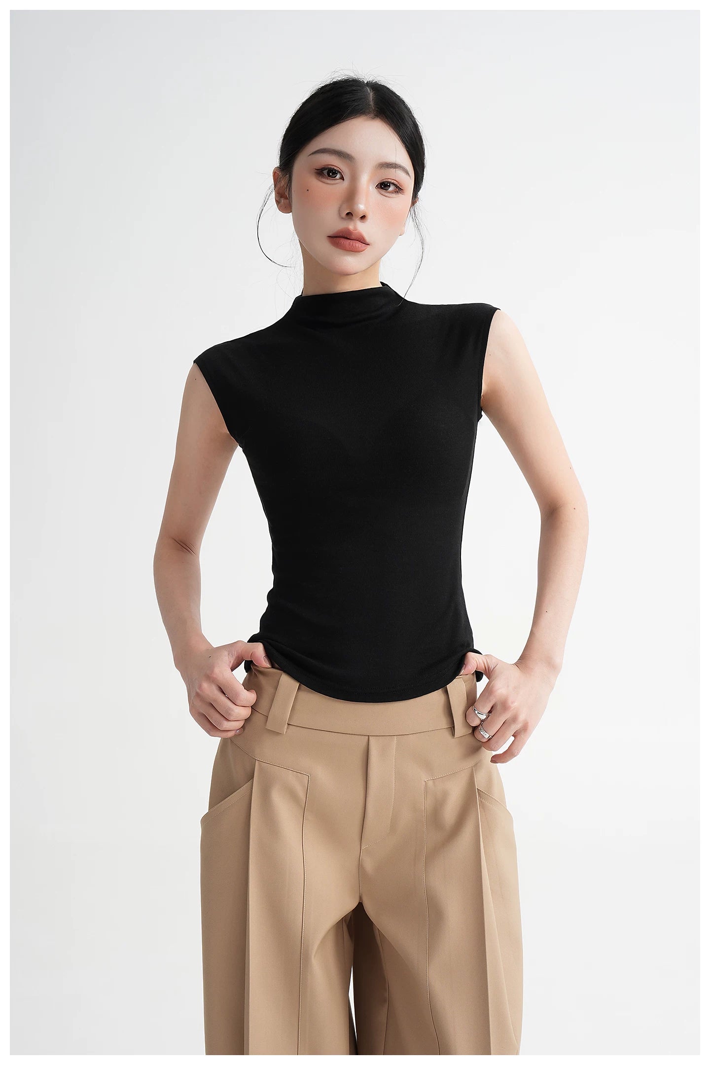 Silk Lyocell High-Neck Sleeveless Fitted T-Shirt