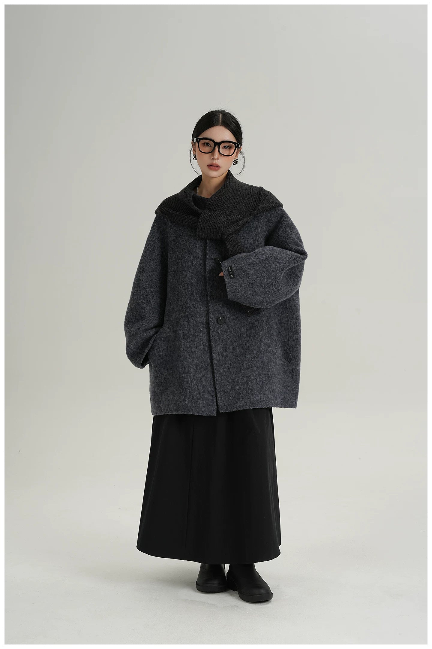 Knitted Hooded Scarf Mid-Length Wool Coat