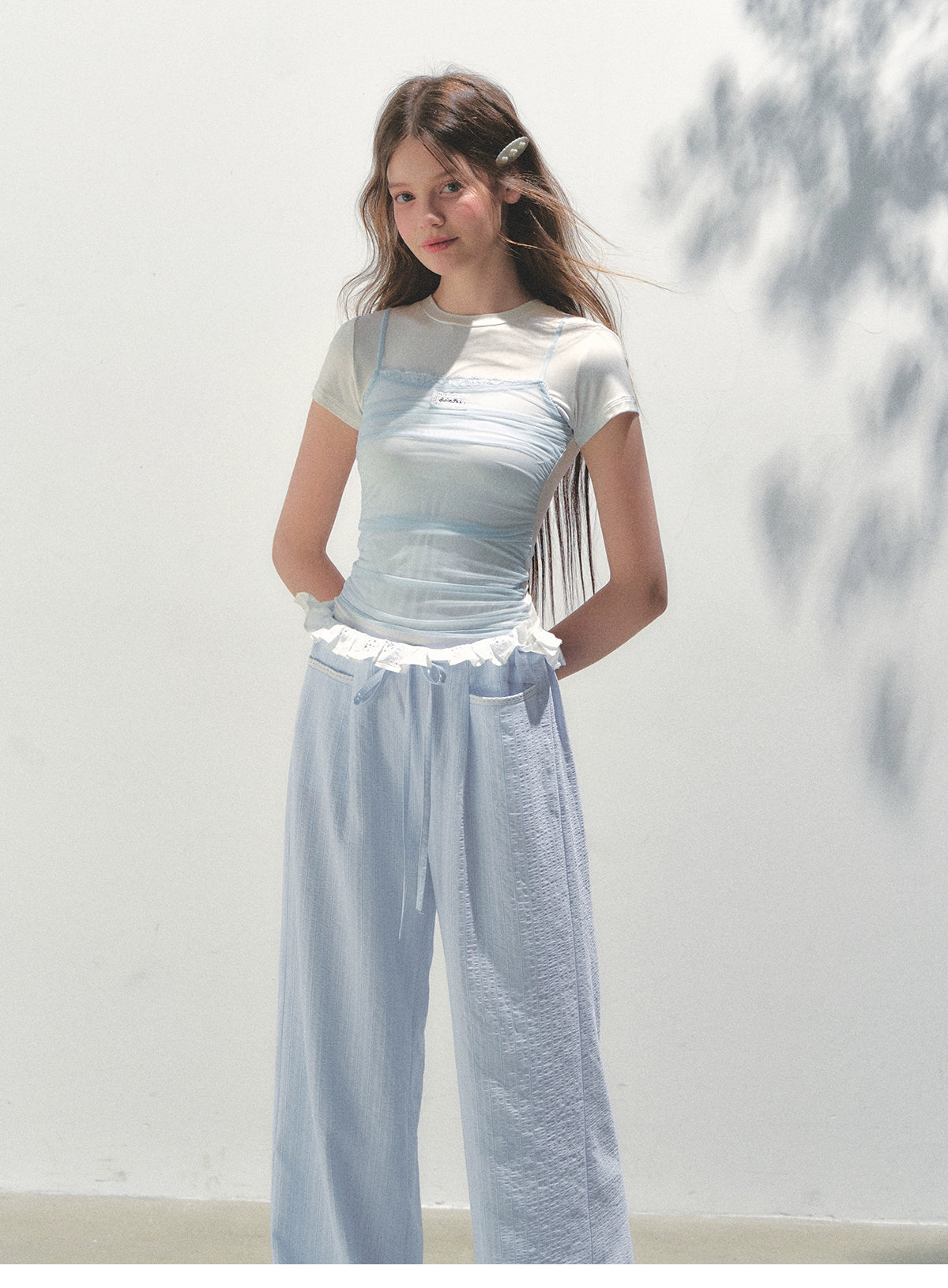 Contrast Color Fake Two-piece Mesh Lace Short-sleeve T-shirt