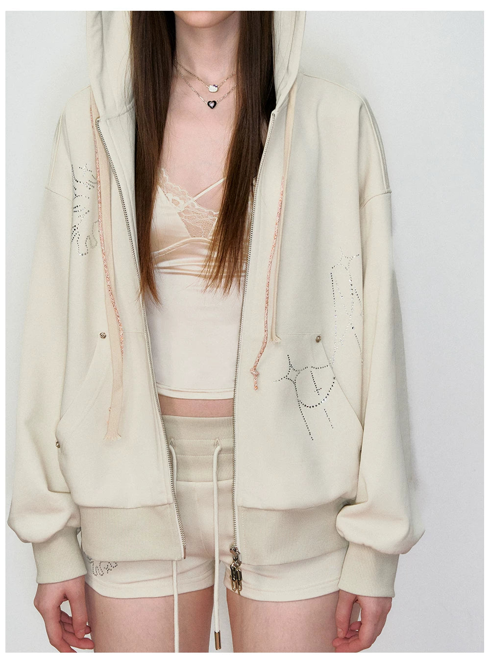 Rhinestone-Embellished Hooded Sweatshirt Jacket