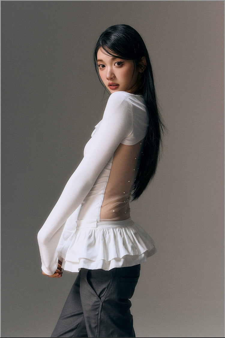 Mesh Lace Up Backless Blouse - CHINASQUAD