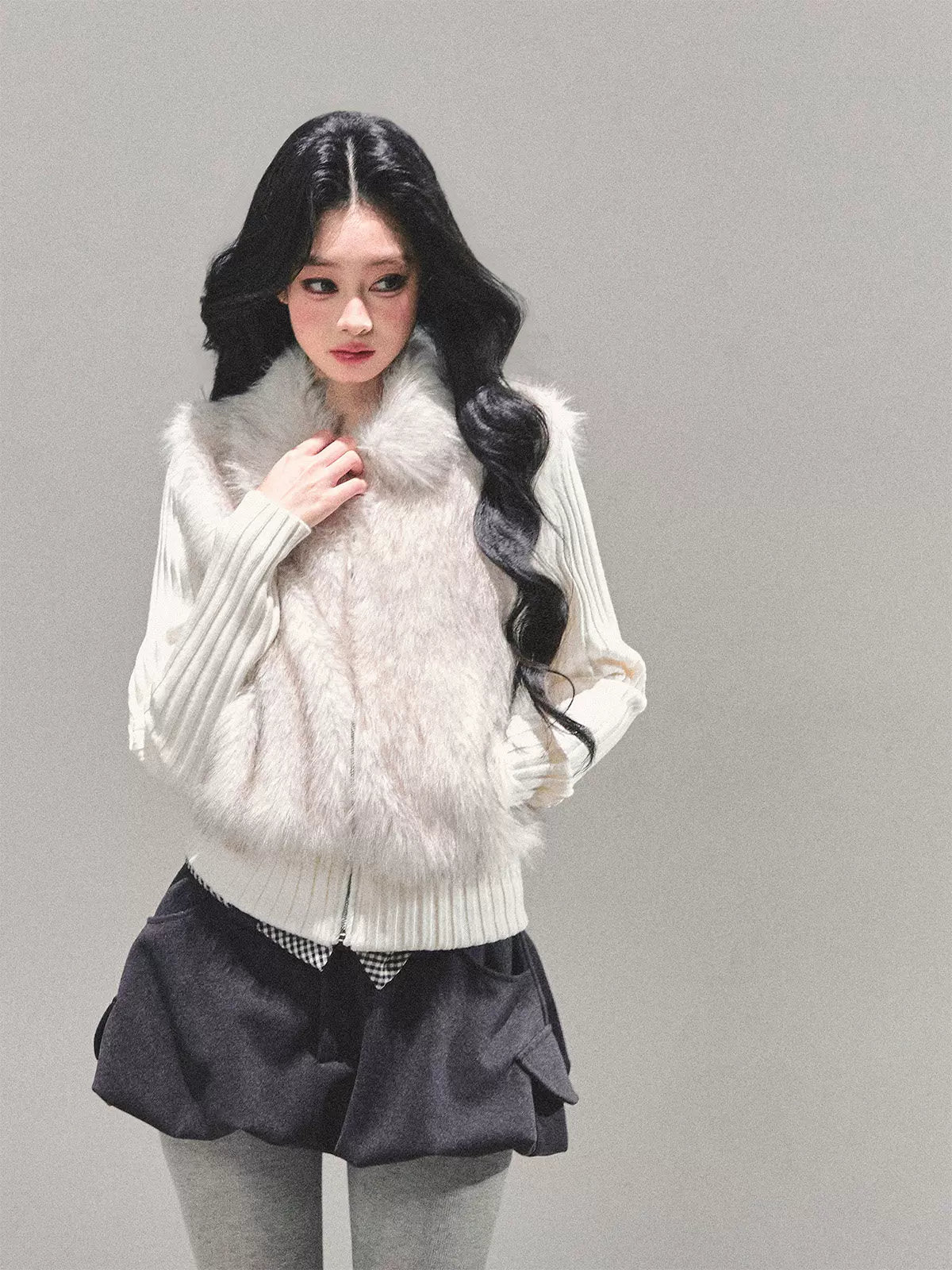 Faux Two-Piece Eco Fur Knit Jacket