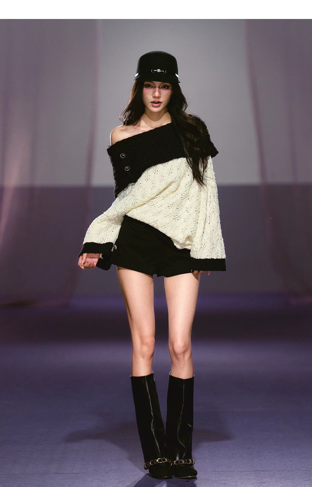 Batwing Sleeve Off-Shoulder Tweed Knit Crewneck