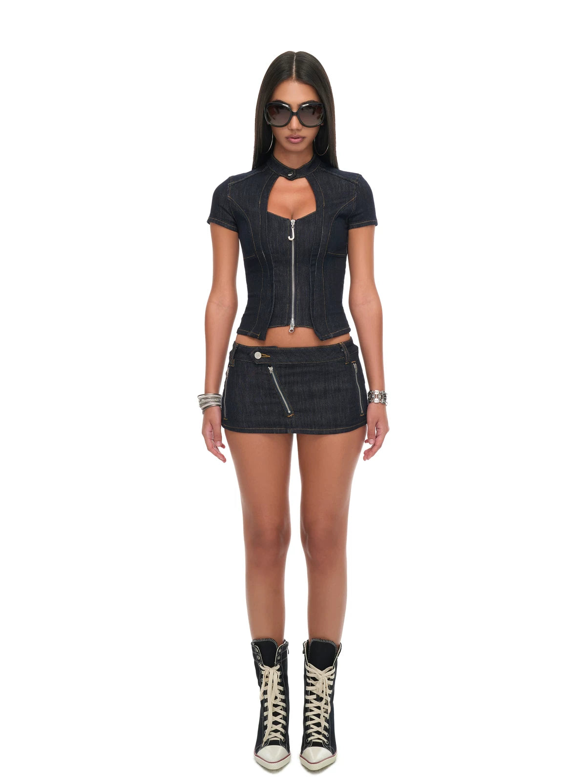 Dark Indigo Denim Zip-Up Bodycon Top & Mini Skirt Set