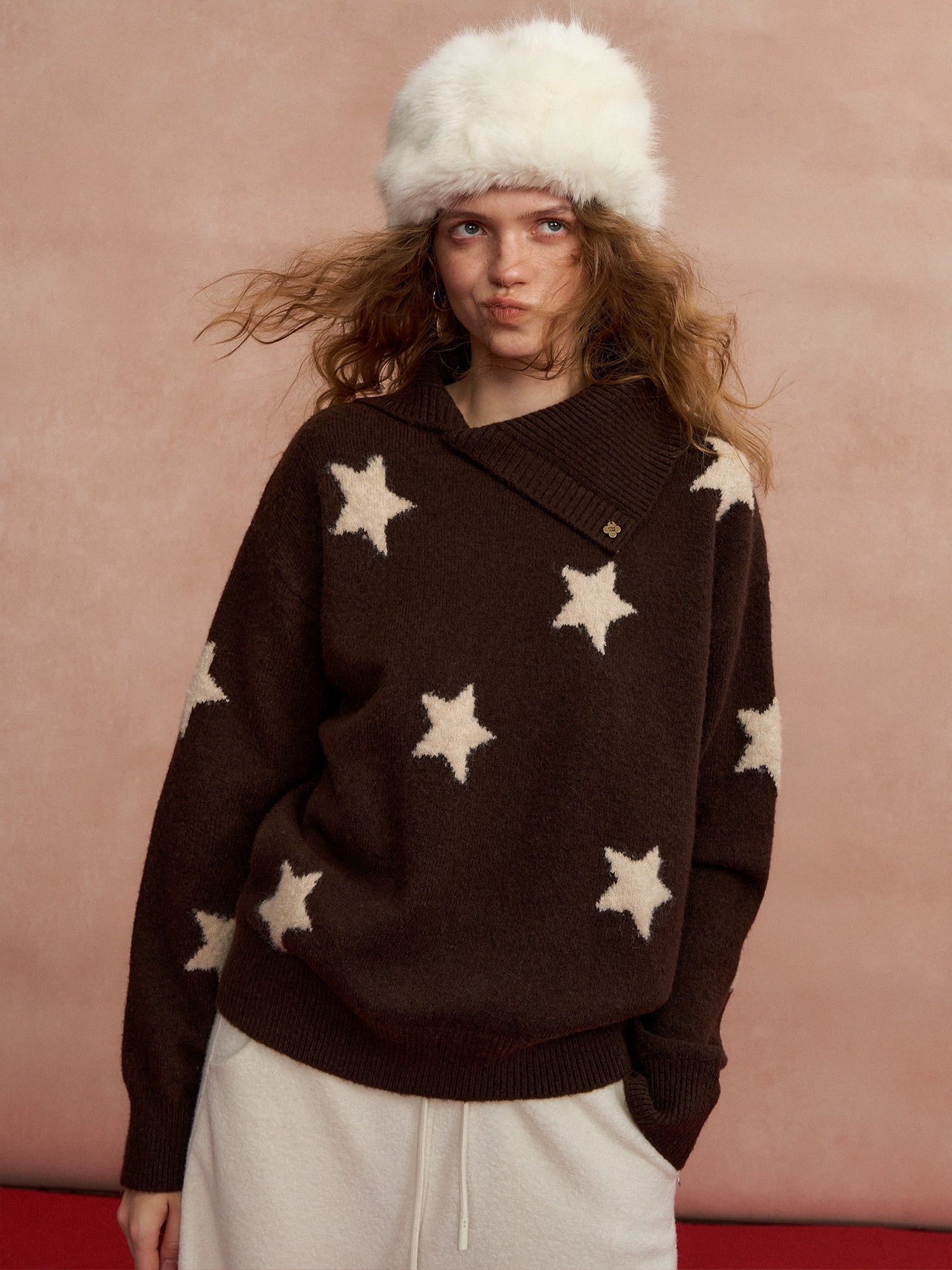 Asymmetric Star-Pattern Knit Sweater