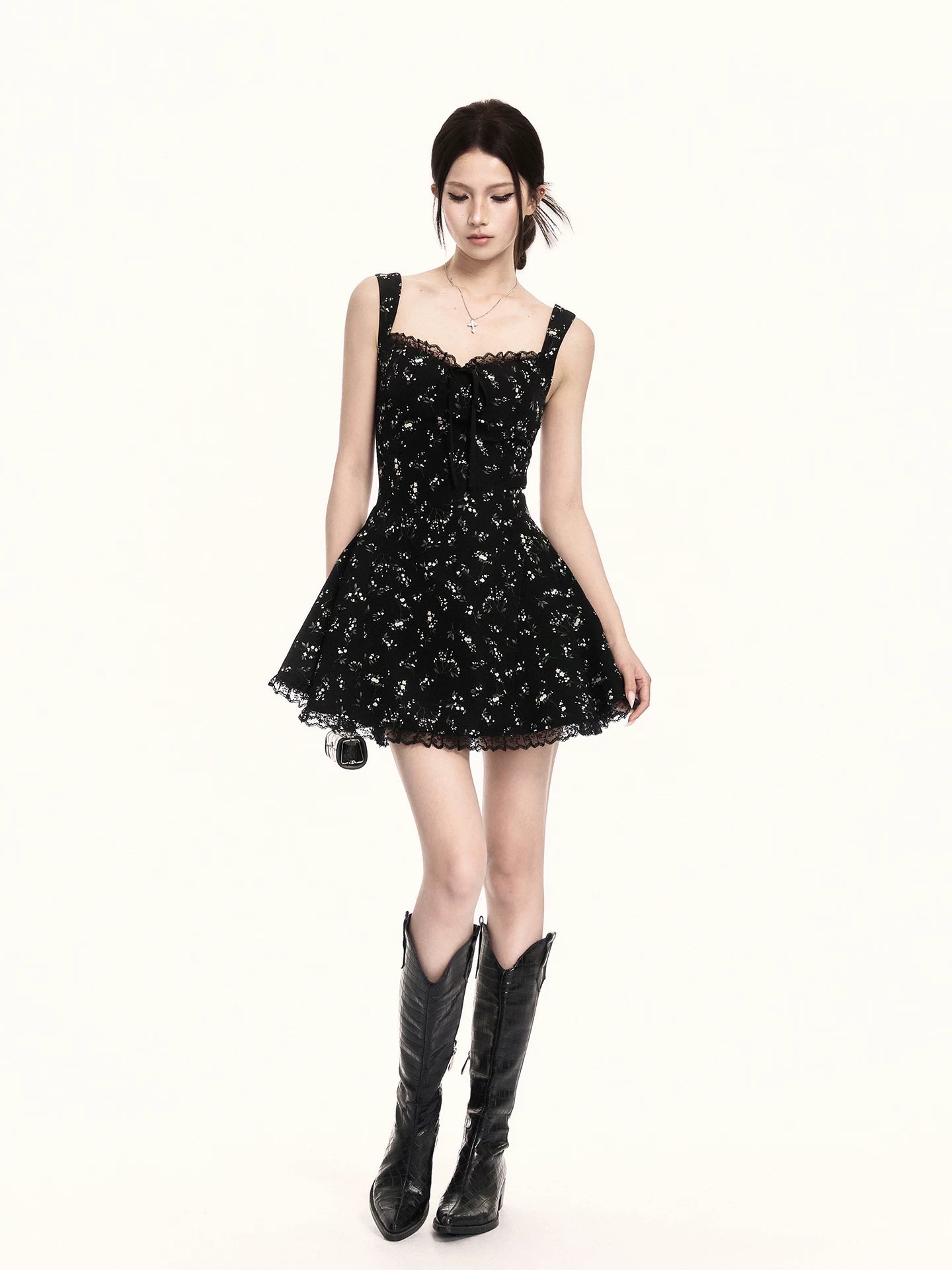 Midnight Bloom Square-Neck Floral Mini Dress