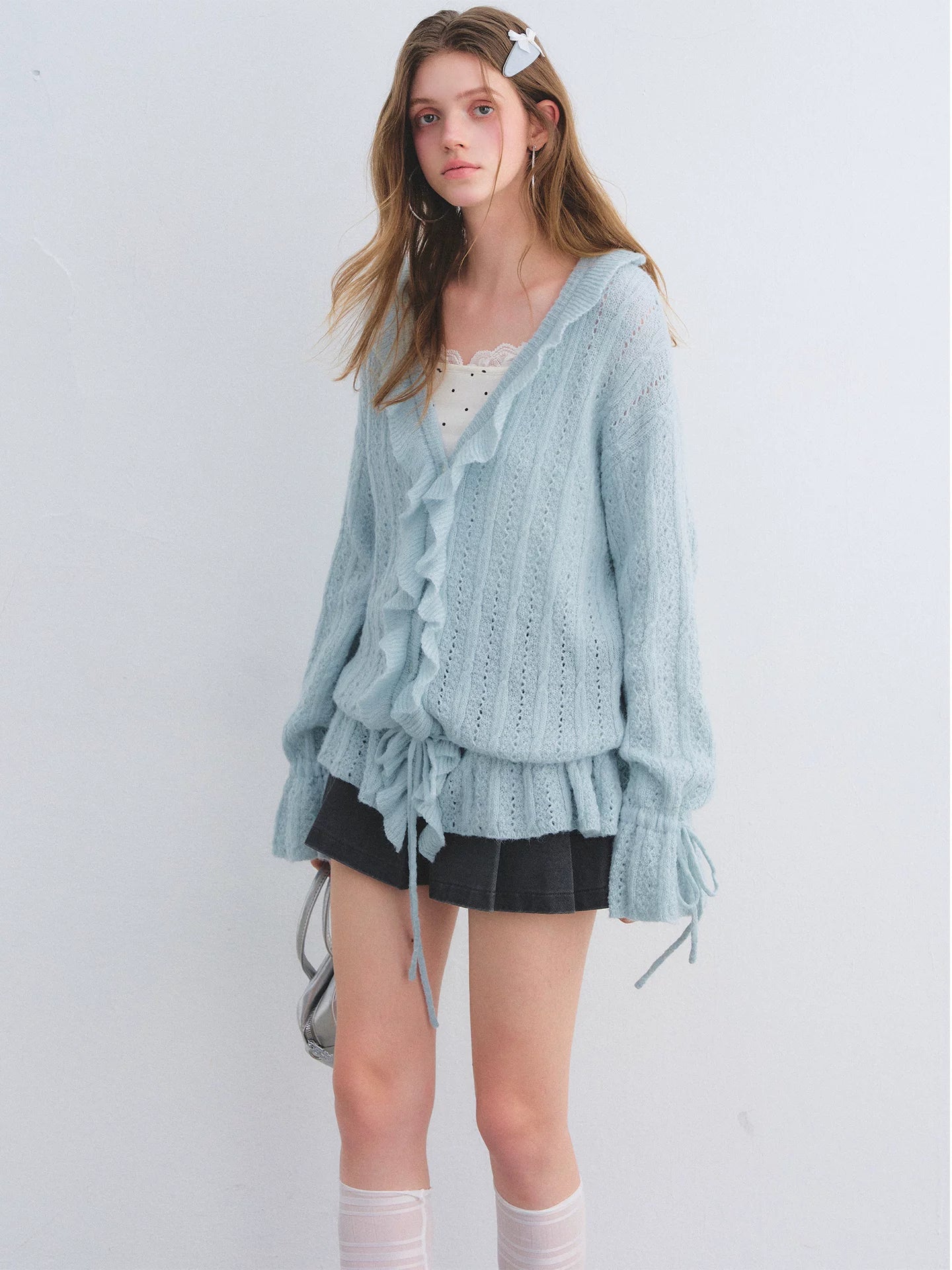 Wool Mohair Drawstring Waist Cardigan