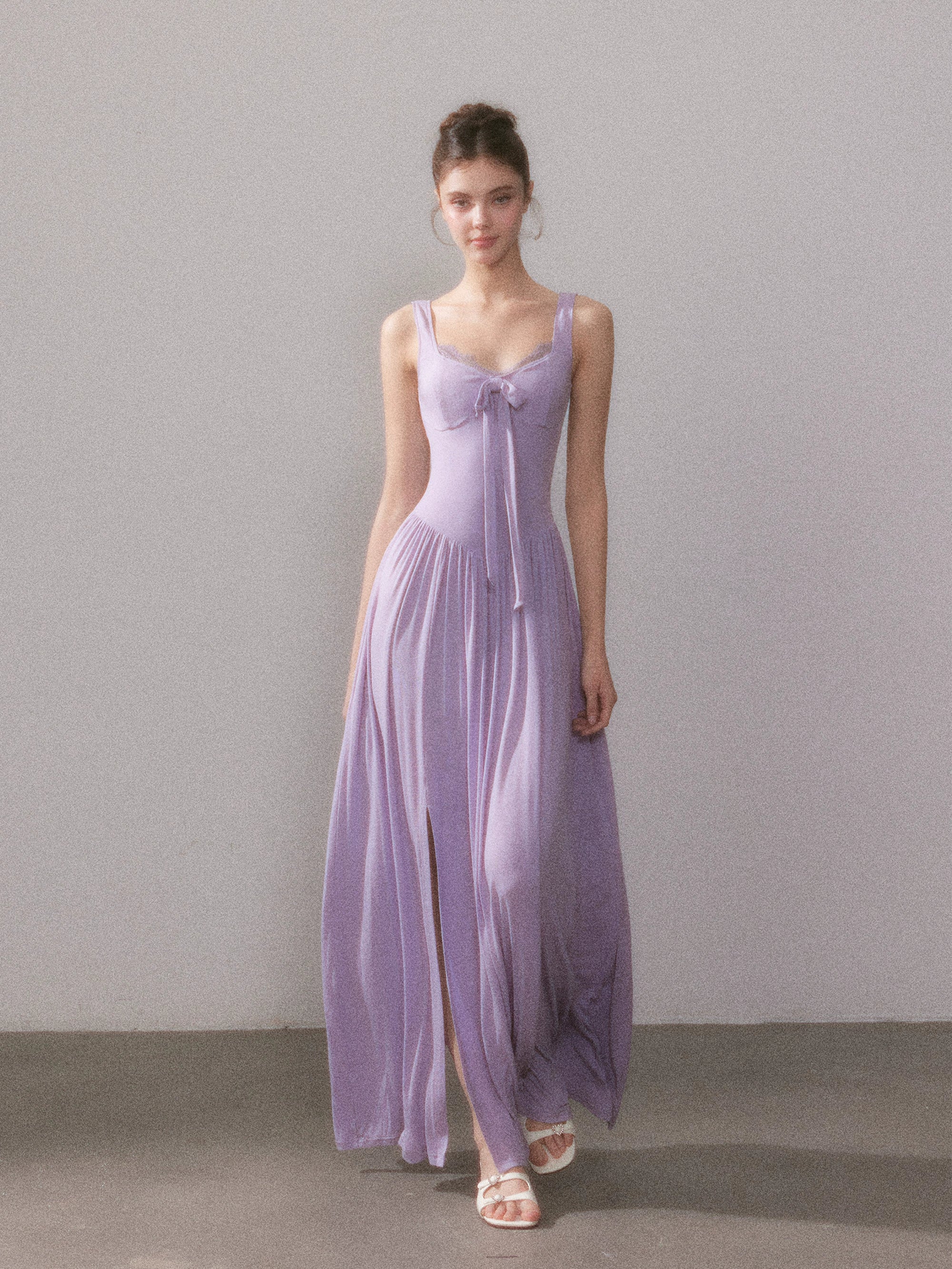 Lace Knit Spaghetti Strap Slit Long Dress - CHINASQUAD