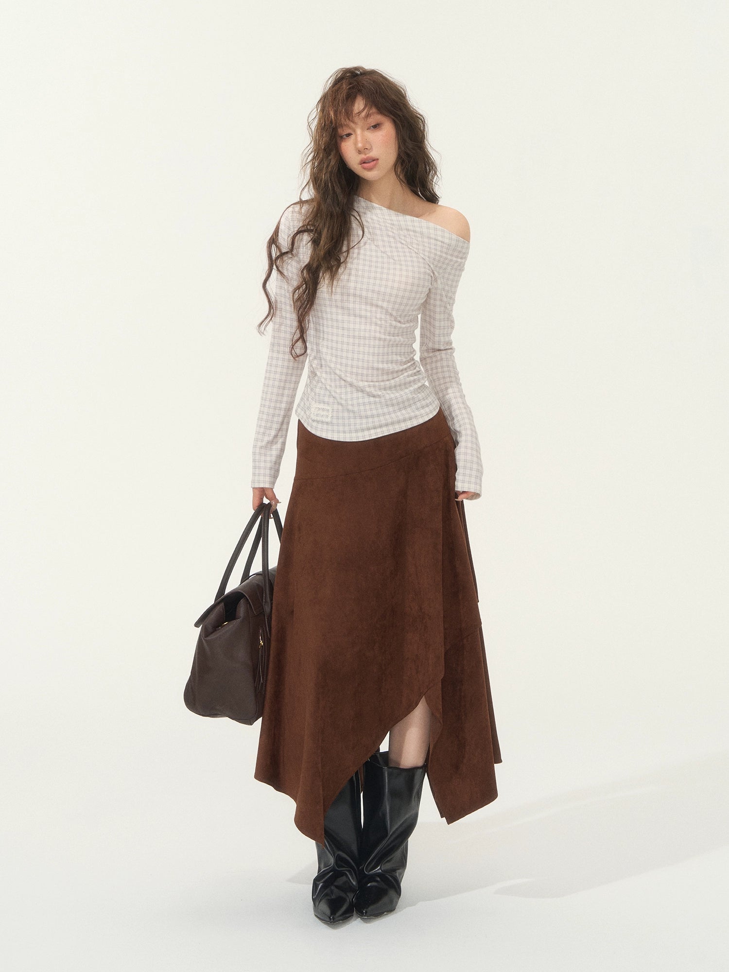 Velvet-Touch Plaid Draped Off-Shoulder Long Sleeve T-Shirts - CHINASQUAD