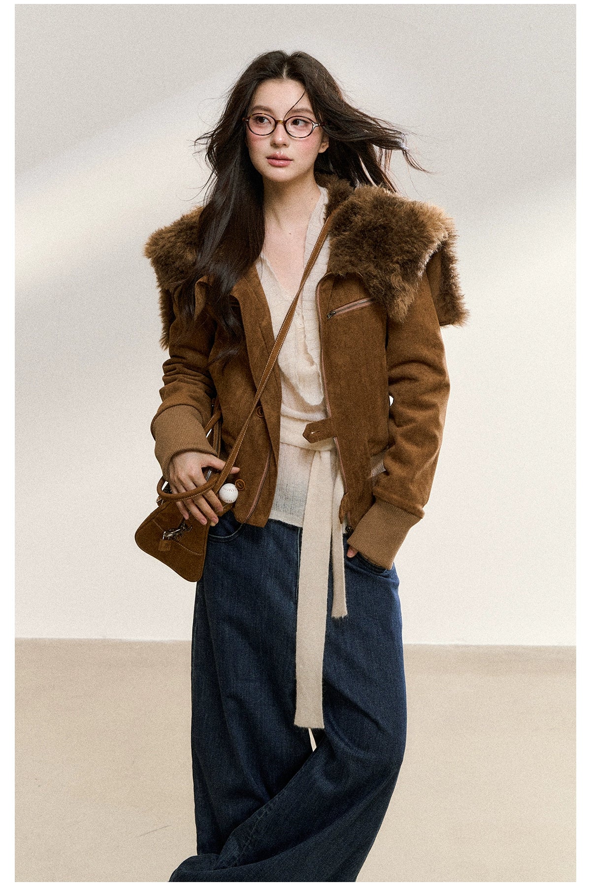 Mahogany Faux Fur Collar Suede Cropped Jacket - CHINASQUAD