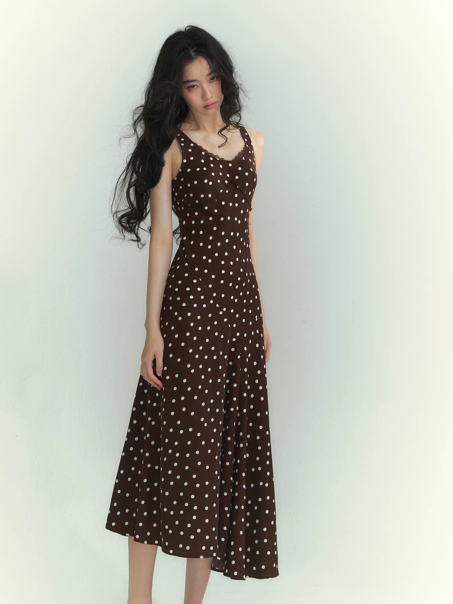 Lace-Trim Polka Dot Midi Dress