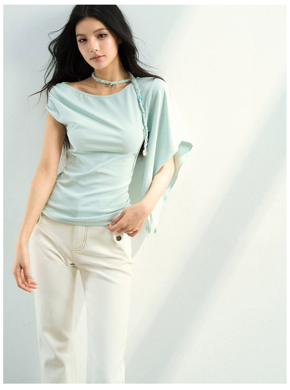 Asymmetrical Off-Shoulder Draped Blouse