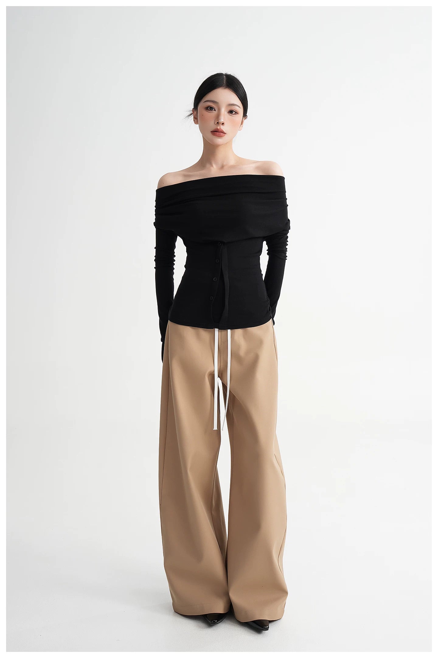 Neck Off-Shoulder Fitted Long Sleeve T-Shirt