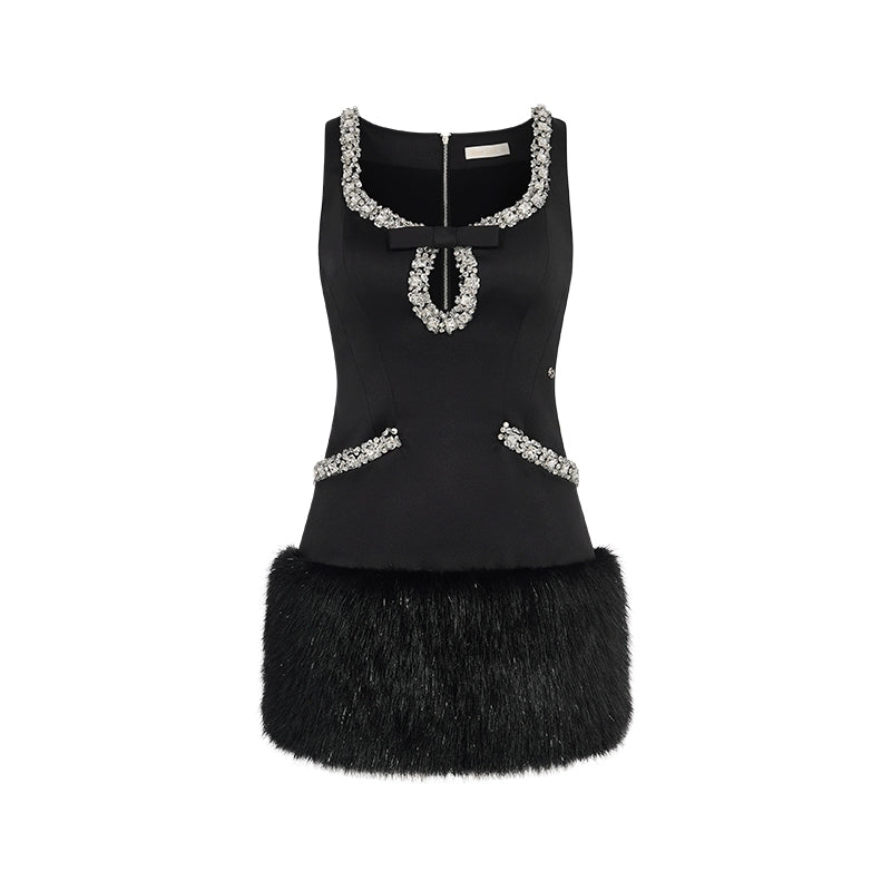 Sable Satin Straight-Cut Faux Fur Dress - CHINASQUAD