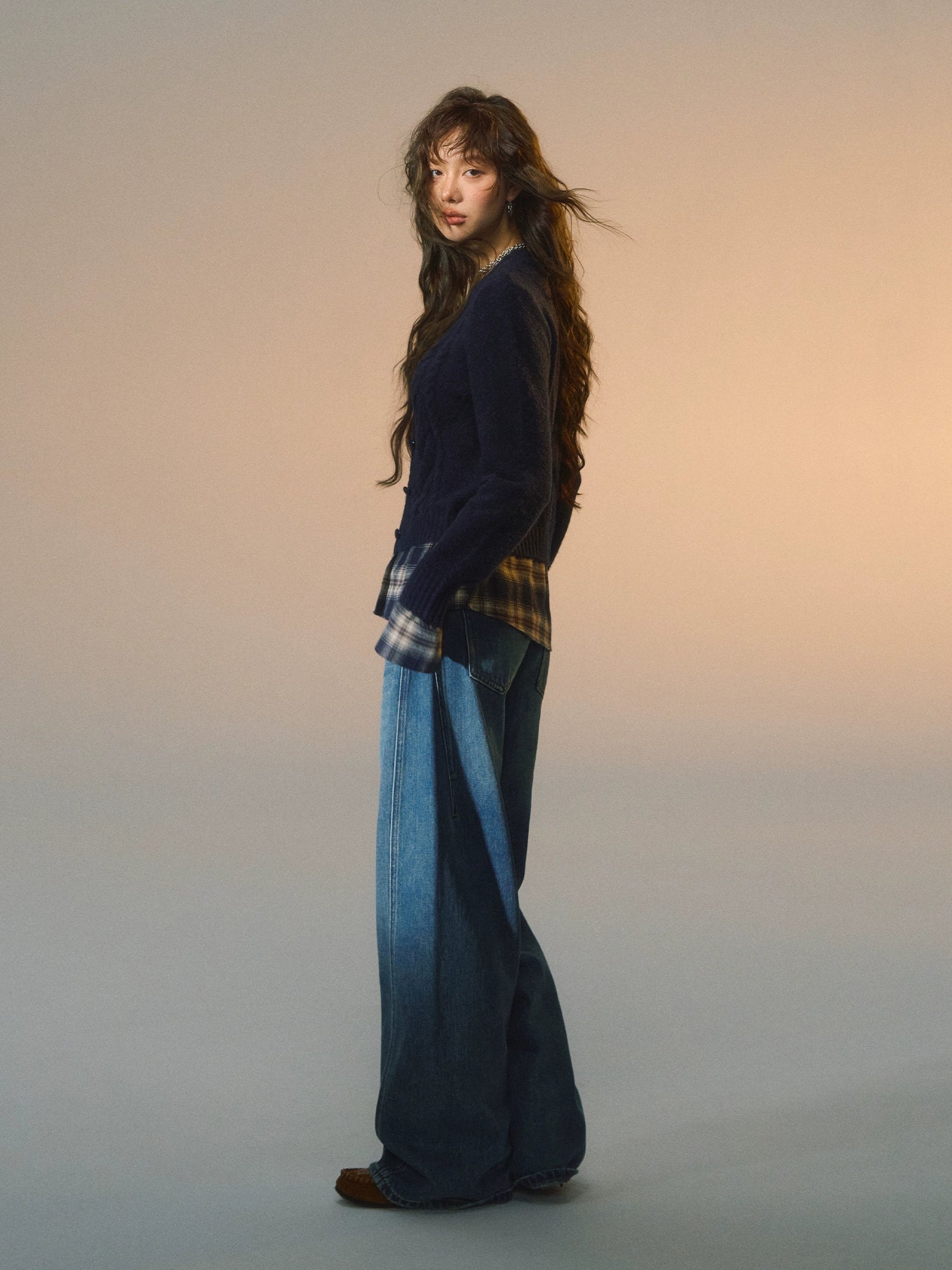 Layered Plaid Patchwork Cable Knit Cardigan