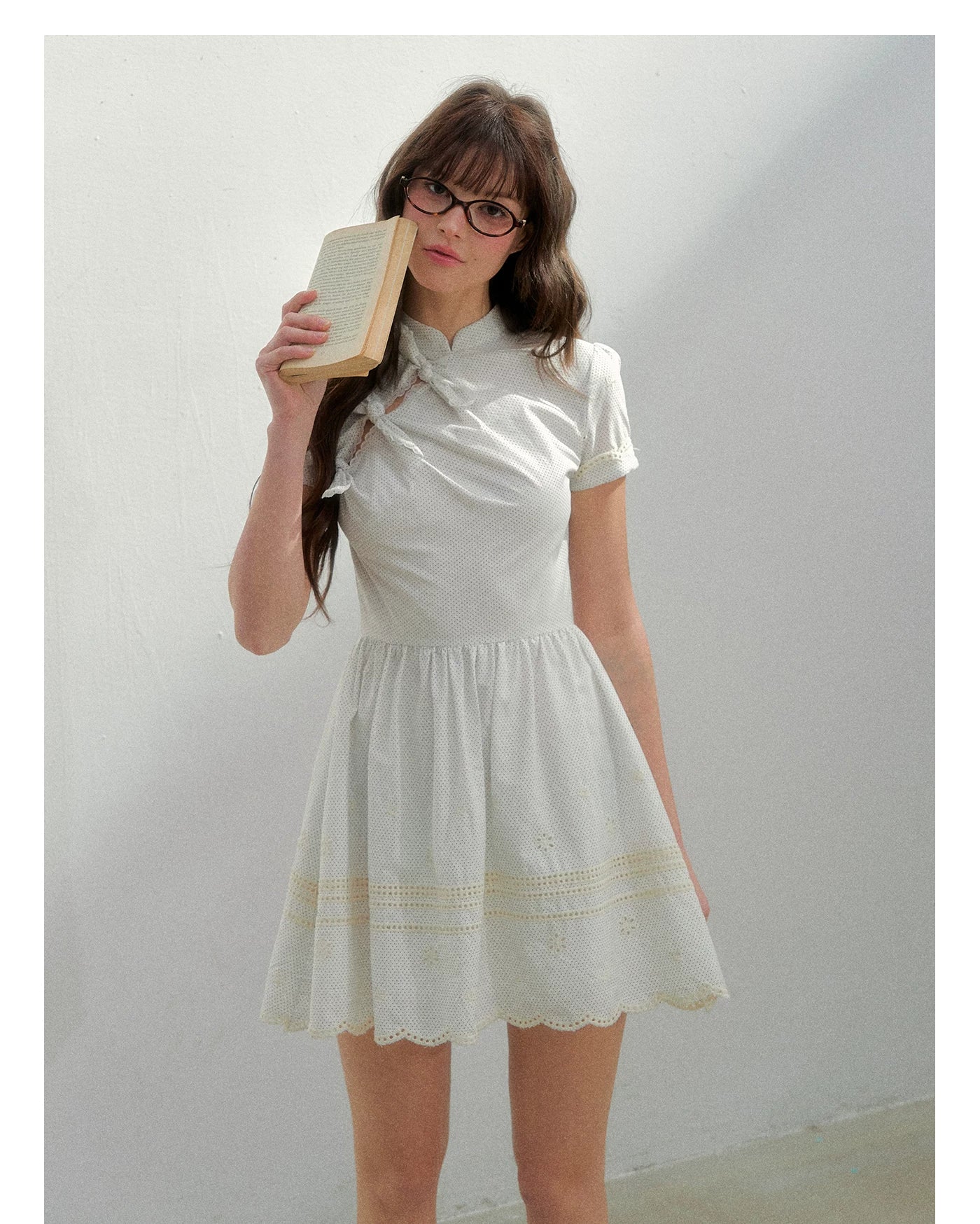 Polka Dot Embroidered Bow Cheongsam Dress