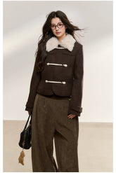 Brown Wool-Blend Toggle Cropped Jacket - CHINASQUAD