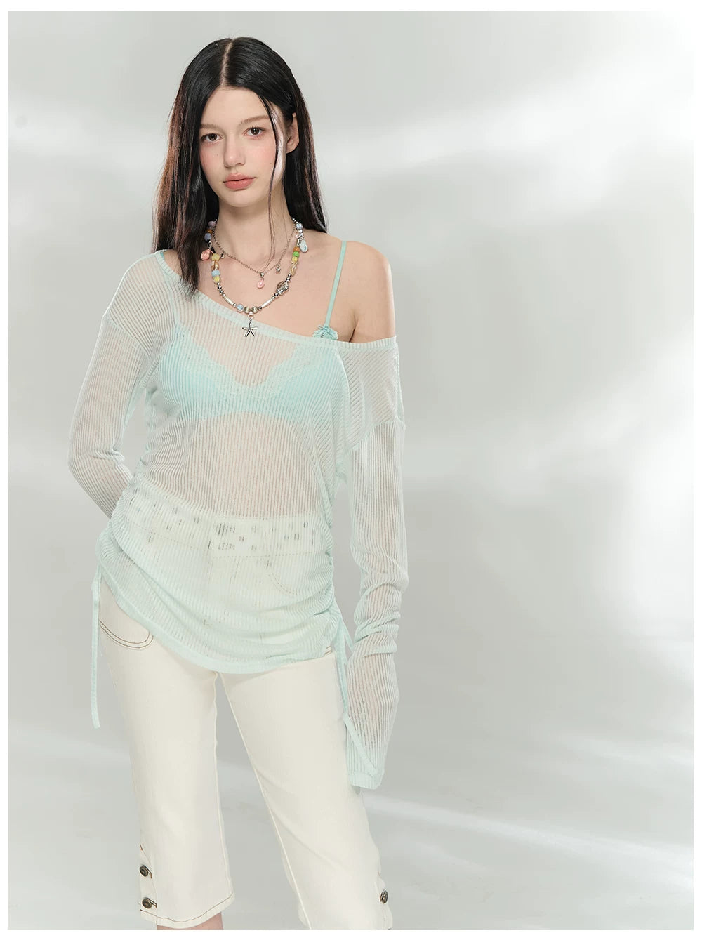 Sheer Textured Knit Open-Back Cover-Up Top