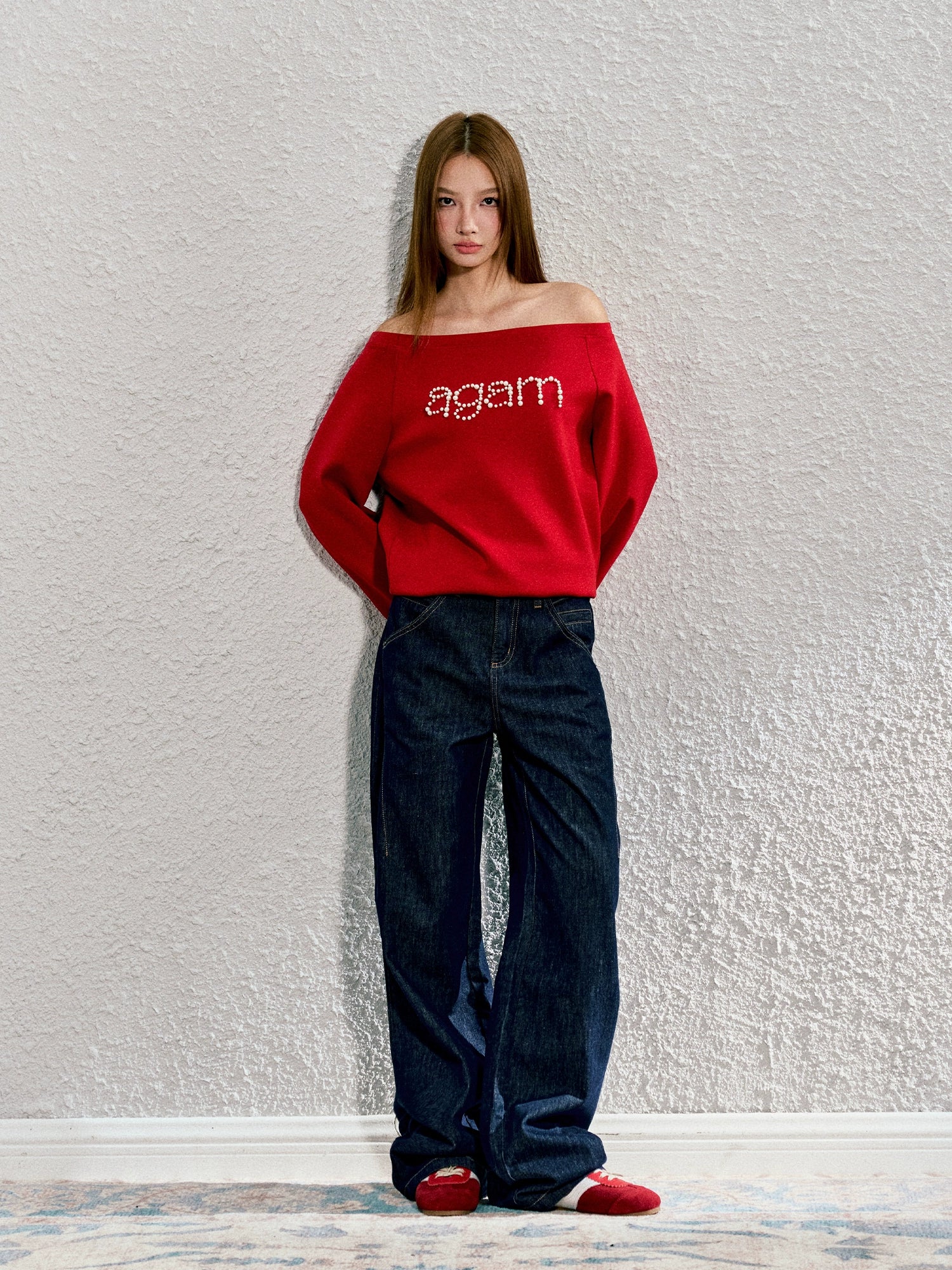 Red & Gray Pearl-studded Off-shoulder Sweatshirt - CHINASQUAD