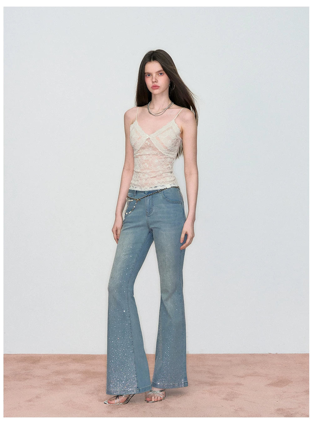 Crystal-Embellished Off-Shoulder Top & Flared Denim Jeans Set