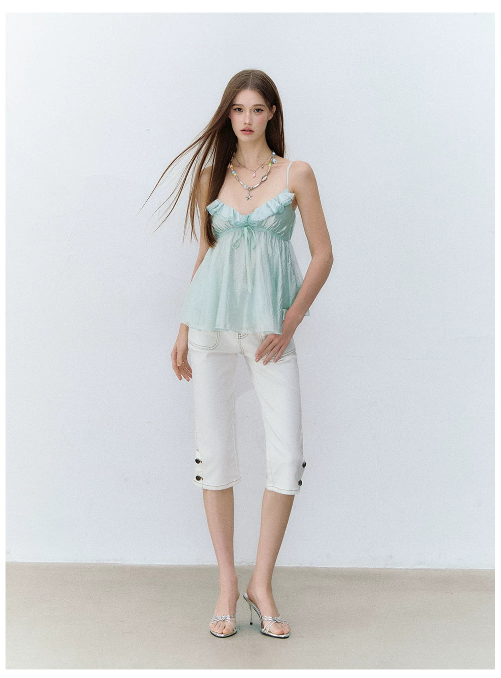 Ruffled Trim Acetate Slim-Fit Camisole